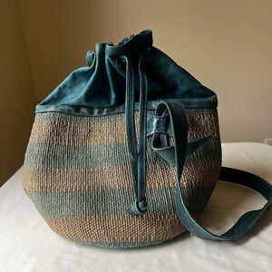 Vintage Boho Woven Sisal & Leather Bucket Tote Bag Teal Drawstring Shoulder Bag